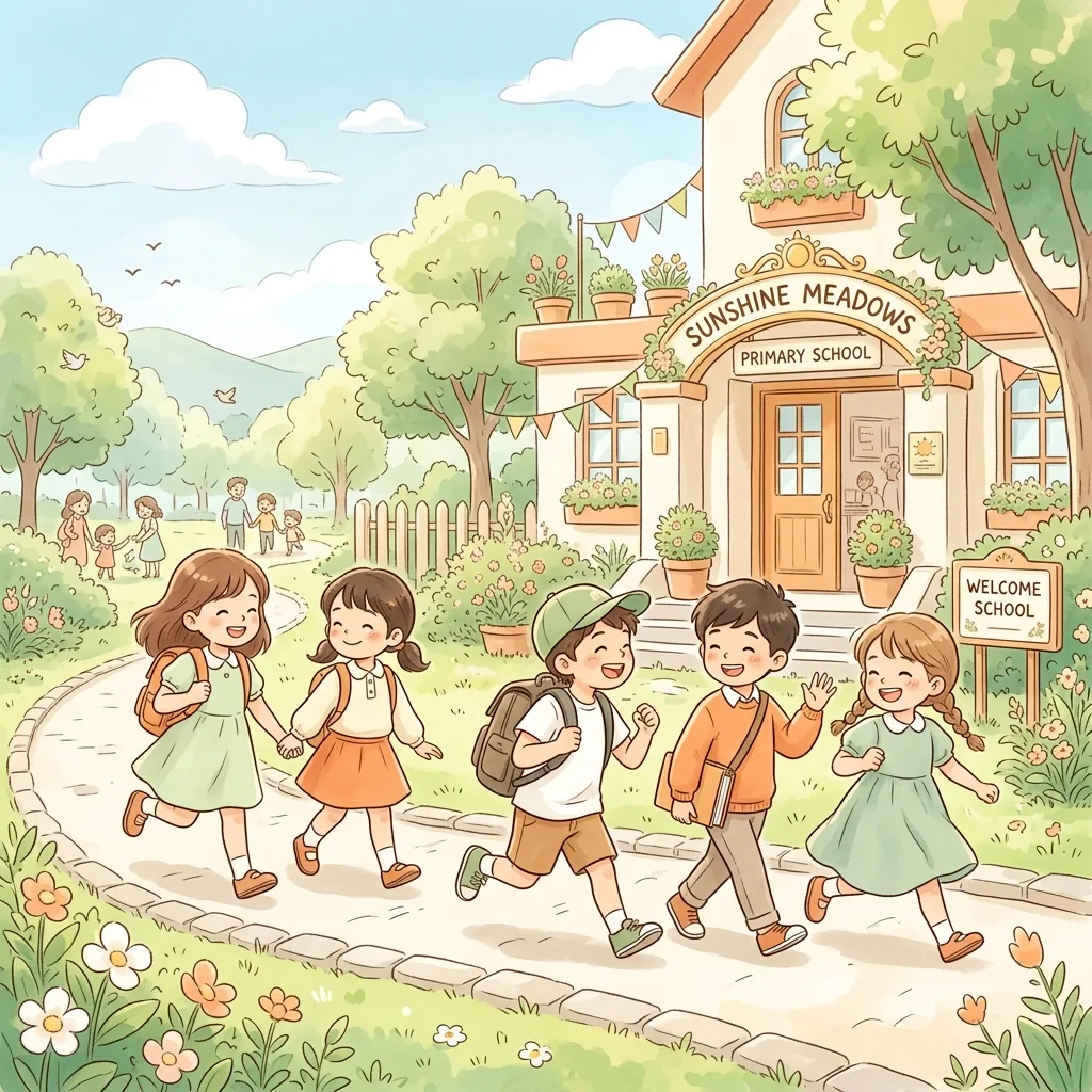 Bambini allegri che entrano a scuola