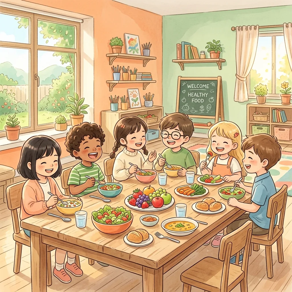 Bambini allegri che mangiano a tavola in classe