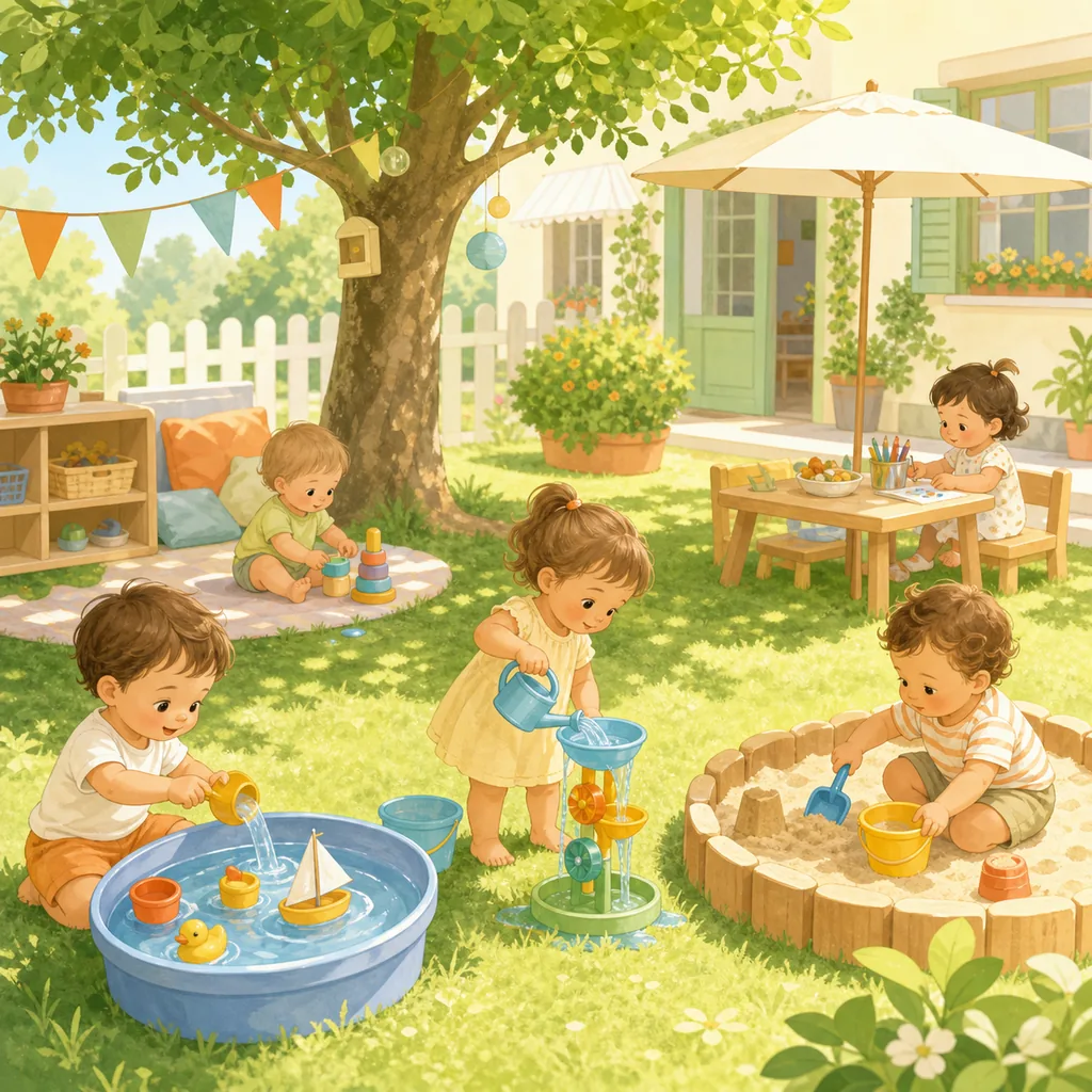 Bambini piccoli nel giardino estivo con giochi d'acqua e attività creative