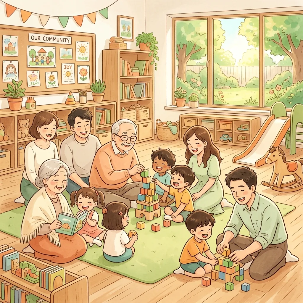Famiglie e bambini che interagiscono felici in classe