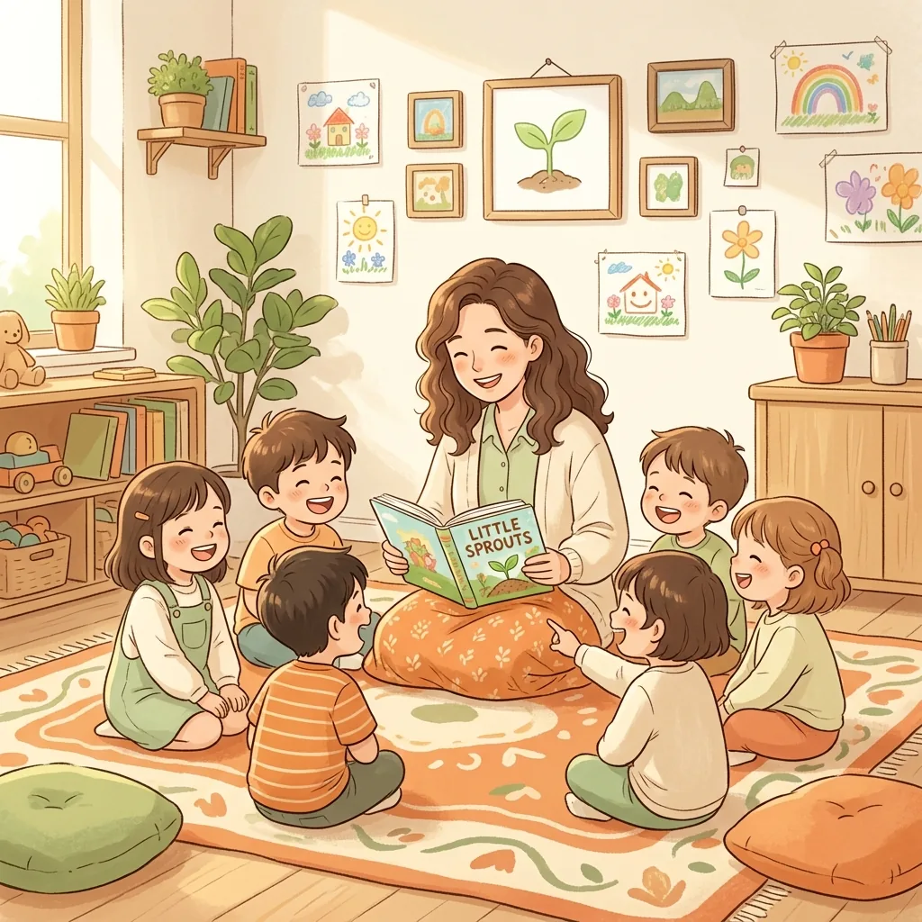 Insegnante sorridente e serena con bambini piccoli